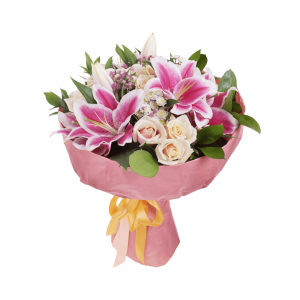 Bouquet Pour Qui Tu Aimes – Lys Roses & Roses Pastel