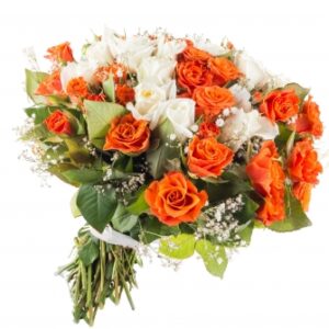 Bouquet Éclat Solaire – Roses Orange & Blanches