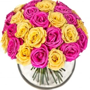 Bouquet Harmonie Magique – Roses Fuchsia & Jaunes