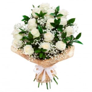 Bouquet Neige Éternelle – Roses Blanches & Gypsophile