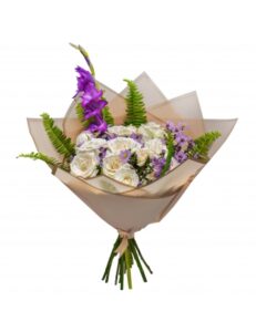 Bouquet Rêve Violet – Roses Blanches & Glaïeul Majestueux