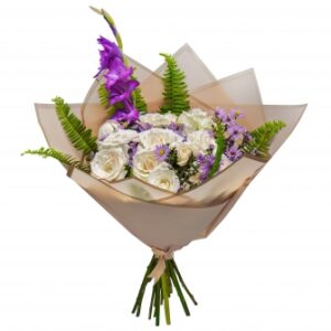 Bouquet Rêve Violet – Roses Blanches & Glaïeul Majestueux