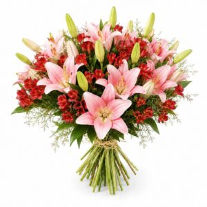 Bouquet Élégant de Lys Roses et d’Alstroemères Rouges
